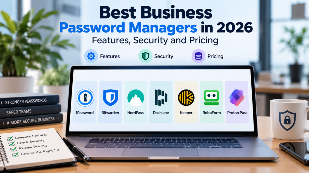 Business password manager comparison showing seven providers, features, security and pricing.